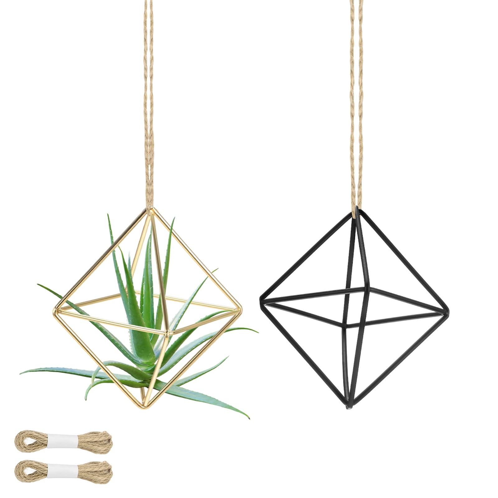M METERXITY 2-Pack Hanging Air Plant Holders, Cube Metal Geometric Hanging Tillandsia Holder with Rope for Home Decor/Small Indoor Outdoor Plant [Black, Gold Tone, 3.3" H]