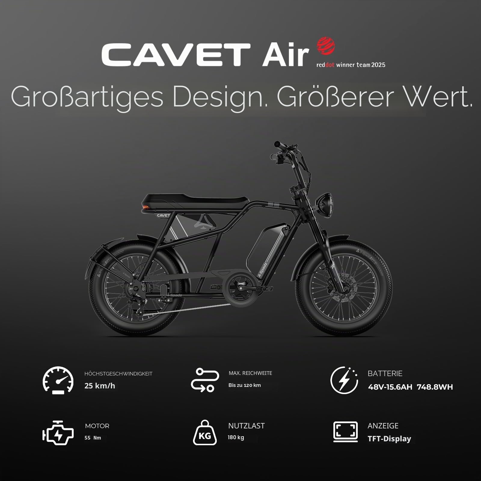 Cavet Fat-Tire E-Bike, 48V 250W Motor, 15,6Ah Akku, bis zu 100 km Reichweite mit Tretunterstützung, 7-Gang-Schaltung, TFT-Display, Elektrofahrrad für Erwachsene.