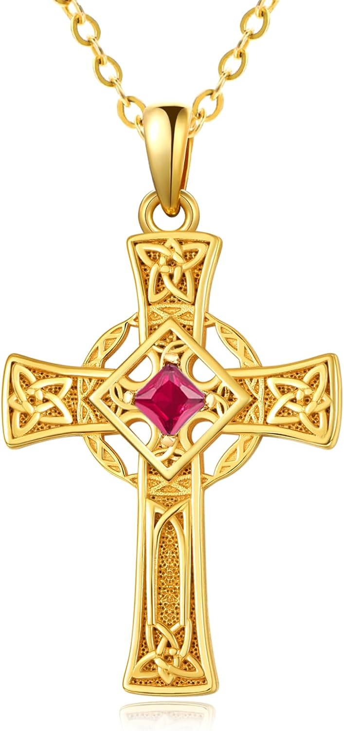 Valentine's Day Irish Jewelry Celtic Cross Necklaces for Women Anniversary Birthday Gift Protection Christian Cross with Square Birthstone