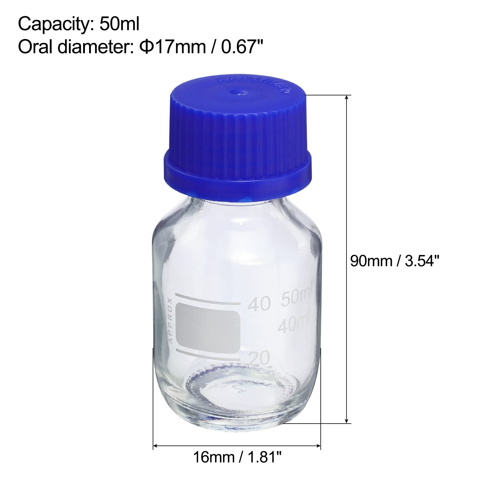 PATIKIL 50mL Reagenzmittelflasche, 4Pcs runde abgestufte Glasspeicherflasche blaue Schraube für Labor Haus, klar