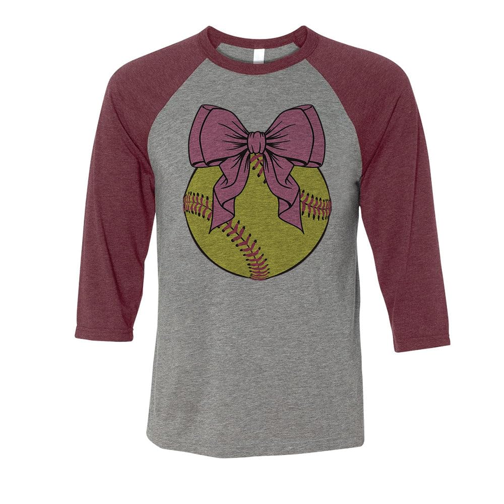 TeesAndTankYou Softball Pink Bow Three-Quarter Raglan Sleeve Baseball Shirt Unisex X-Small Grey/Maroon