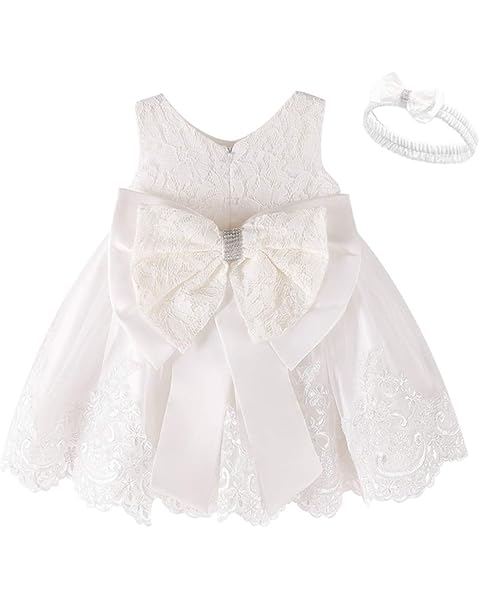 Baby Girls Dress Christening Baptism Party Formal Dress with Headwear