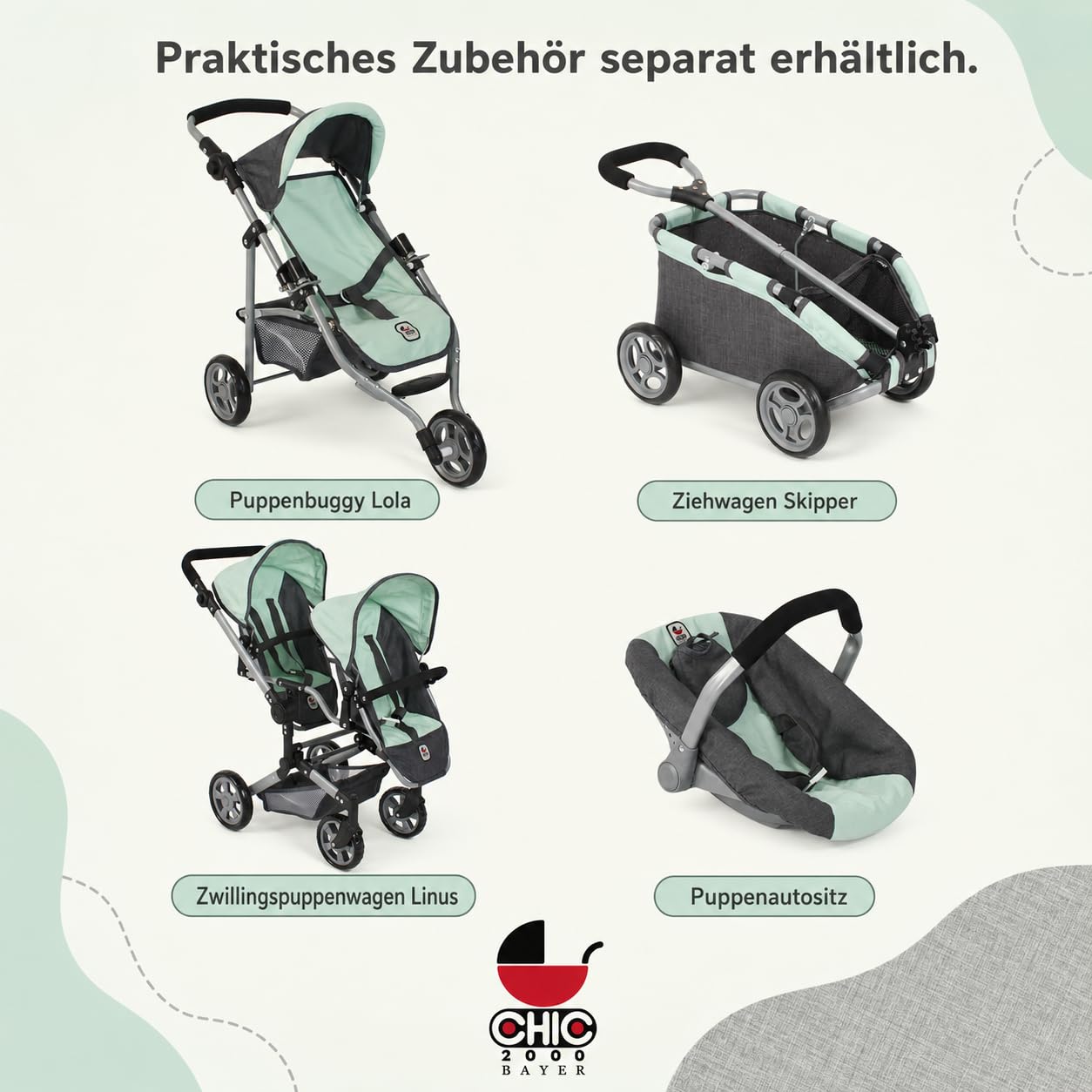 Bayer Chic 2000® Wózek dla lalek Mika 2 w 1, miętowy, składany, z regulacją wysokości 47-80 cm, nowoczesny stelaż, lalki do 52 cm, 4-8 J.