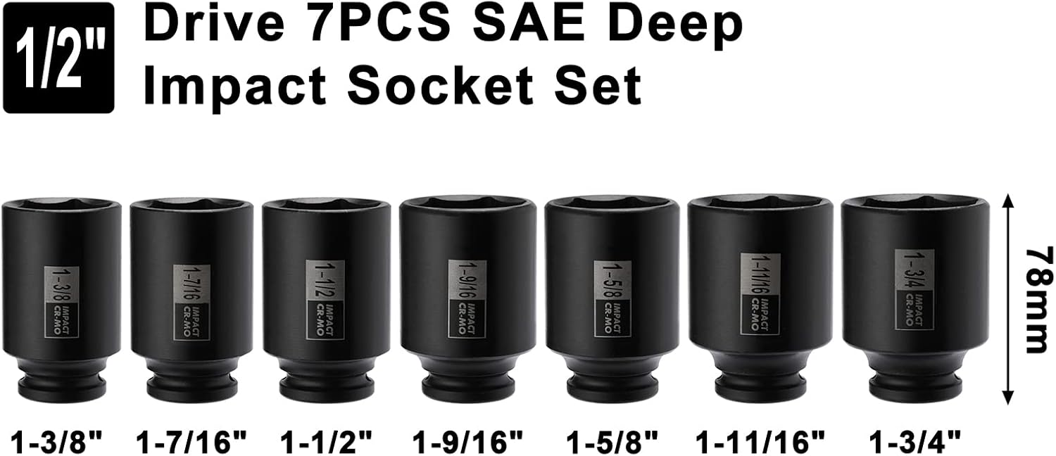 Mayouko 1/2" Drive SAE Deep Spindle Axle Nut Impact Socket Set, 1-3/8" -2", CR-MO, 6 Point