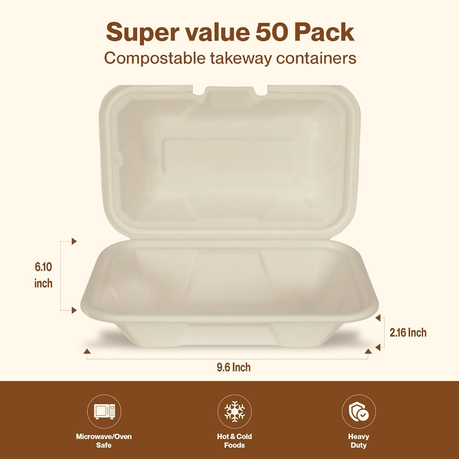 Gracz Compostable Takeout Clamshell Meal Box – Heavy Duty Sugarcane Bagasse Fiber Containers for Hot & Cold Food, Microwave & Oven Safe, Pack of 50