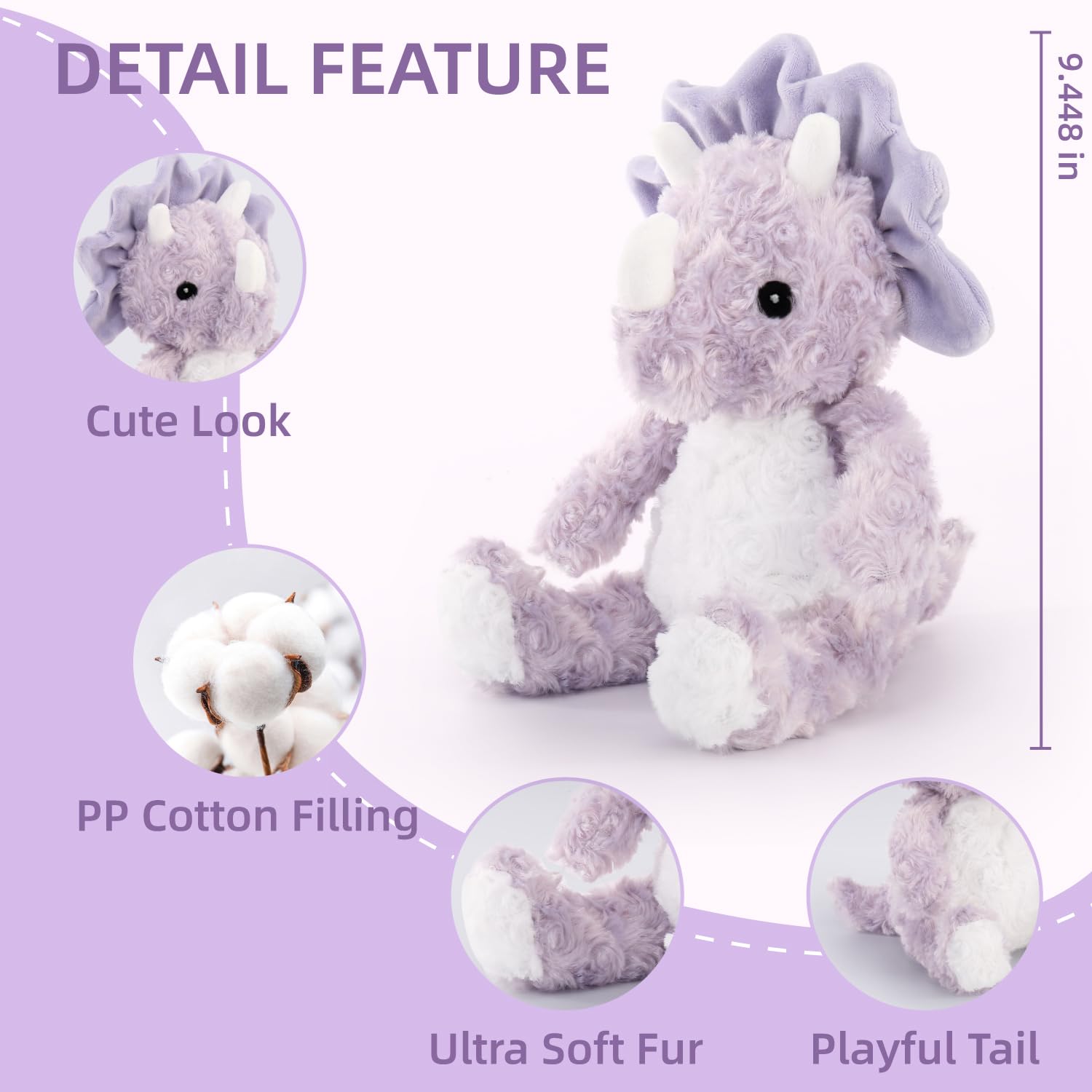 Animales de peluche de dinosaurio púrpura para niñas - 9' de suave triceratops lavanda de peluche, dino seguro para bebés con ojos bordados, compañero de dormir para niños pequeños, regalos de