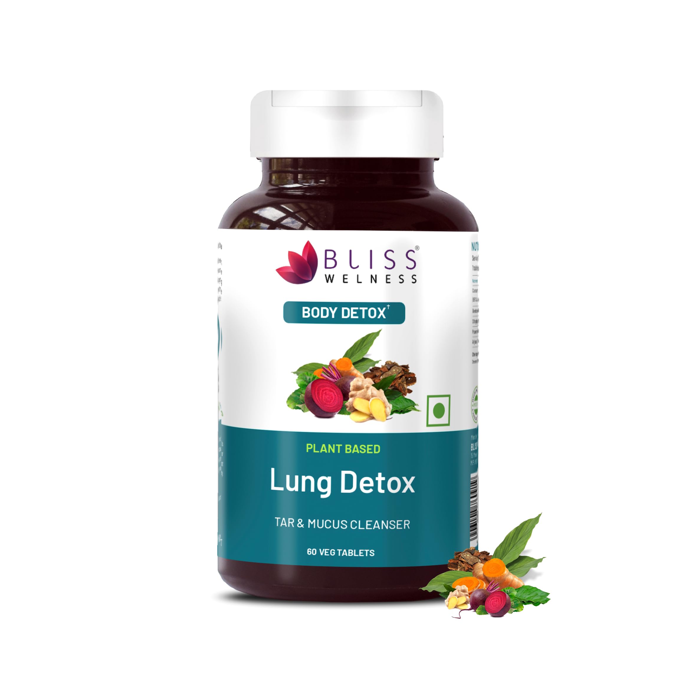 Bliss Welness Lung Detox,Curcumin Stinging Nettle Arjuna Vasaka Beetroot Punerneva Trikatu Kateri Echinecea Piperine - 60 Vegetarian Tablets