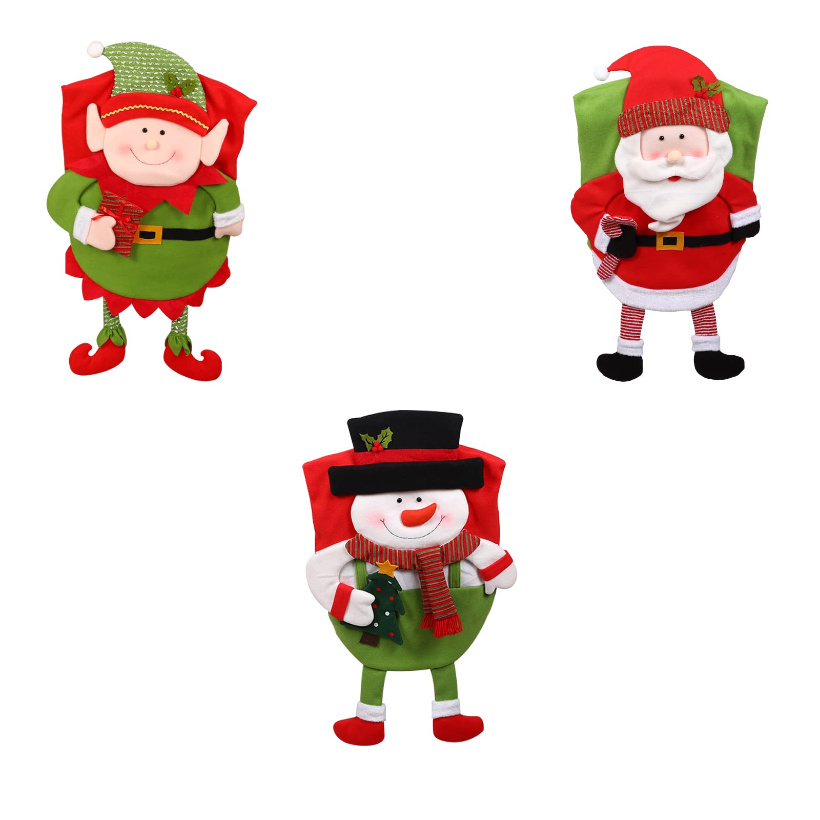 BestAlice Christmas Chair Back Covers Set of 3, Xmas Dining Chair Covers, Cute Santa Claus, Snowman, Elf Slipcovers for Dinner Table Party Home Decor