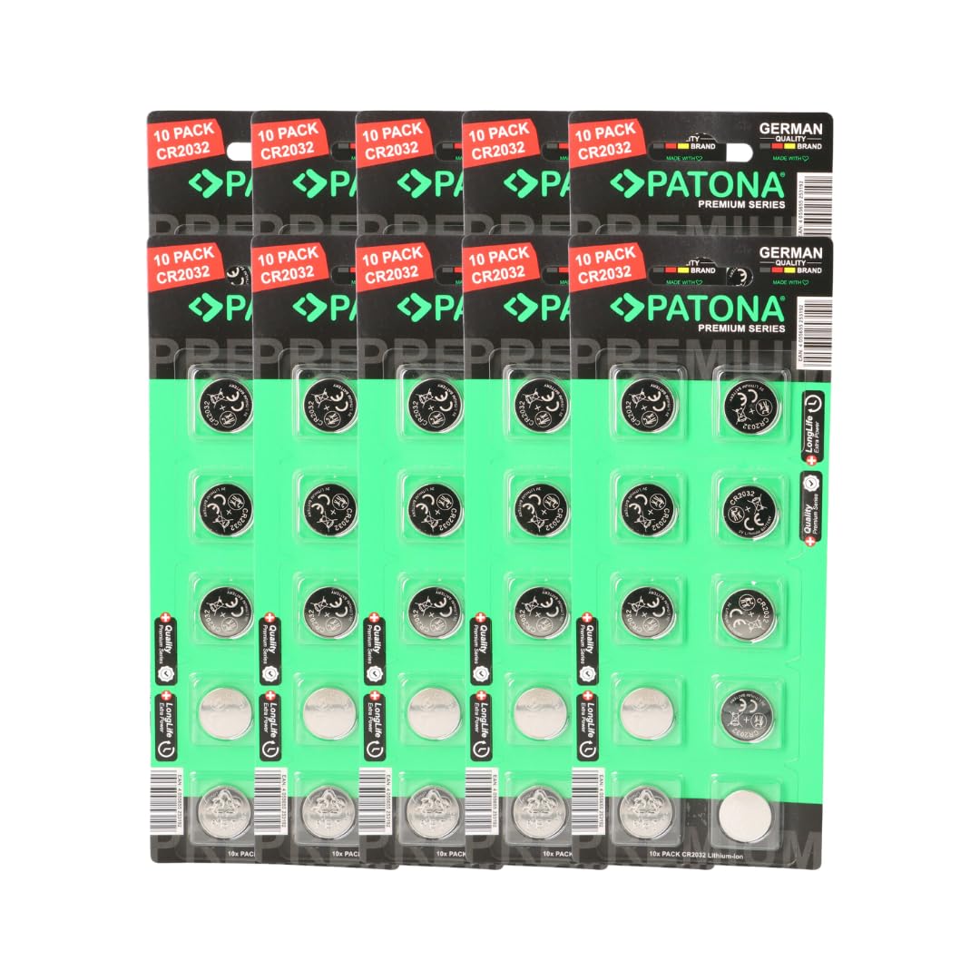 PATONA Lot de 100 piles bouton au lithium CR2032 de qualité supérieure - 3 V - 240 mAh - Non rechargeables - Pour télécommandes, clés de voiture, montres, thermomètres, balances, LED