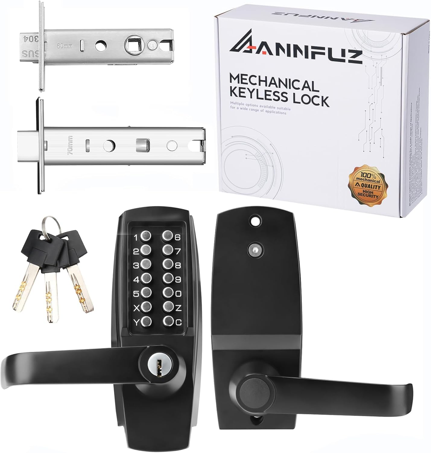 Annfuz Black Digital Code Entry Door Lock With Handle & Key,Mechanical Keyless Push Button Combination Keypad Door Lever Lock,For Garden Gate, Fence,Warehouse,No Electronic,