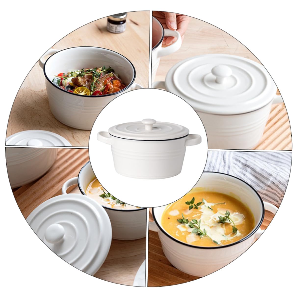 Veemoon Bol de Cerámica para Sopa con Doble Asa y Tapa Tamaño 6 Pulgadas Apto para Vaporera y Uso Doméstico Resistente y Decorativo para Hogares Restaurantes y Hoteles