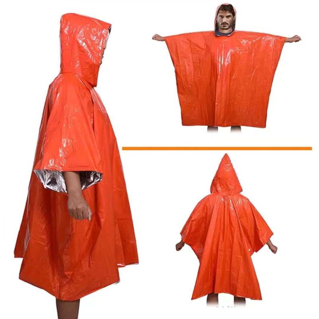 Poncho térmico de supervivencia de emergencia con capucha - Capa portátil para acampar y hacer senderismo, impermeable caliente