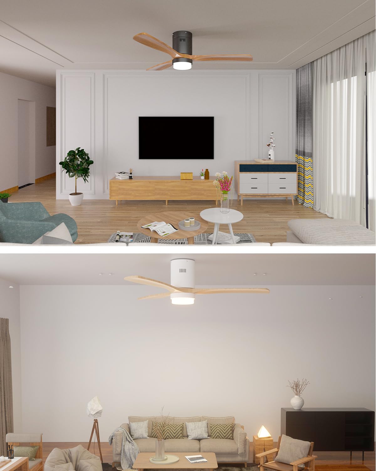 Ventiladores de techo de 52 pulgadas con luces y control remoto, ventilador de techo de madera moderno para interiores y exteriores con motor de CC silencioso reversible, 6 velocidades, 3 9