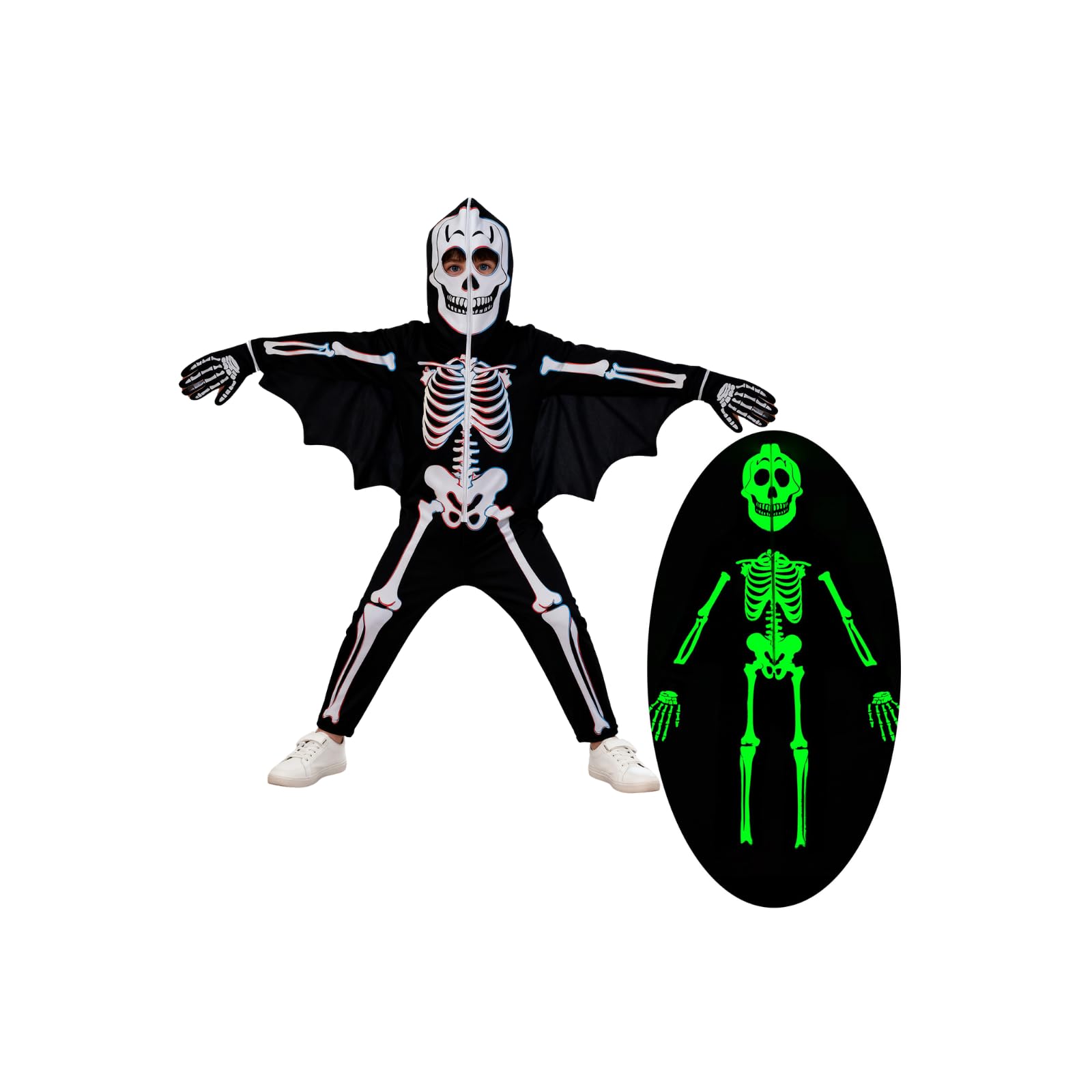 Miyanuby Kids Halloween Skeleton Fancy Dress Toddler Glow in The Dark Luminous Costume Skull Bone Bat Jumpsuit Boys Girls Scary Cosplay Bodysuit with Gloves for 3-10T