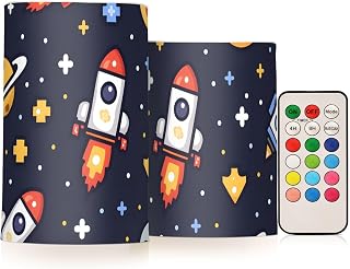 Rocket Star Doodle Space Flameless Candles Flickering LED Candles with Remote Timer Battery Operated Pillar Candles Set of 2 for Dinner Holiday Decor