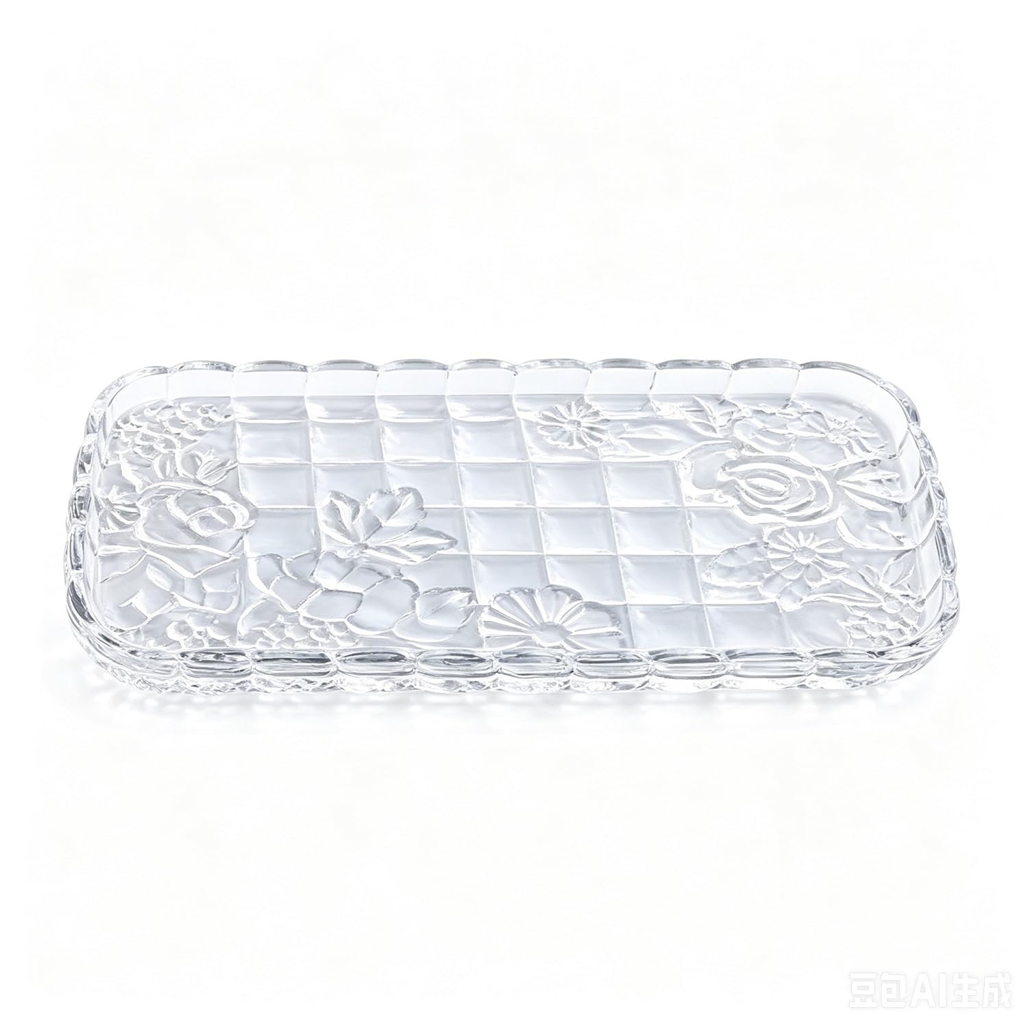34cm Rectangular Clear Glass Tray - Floral Embossed Serving Platter