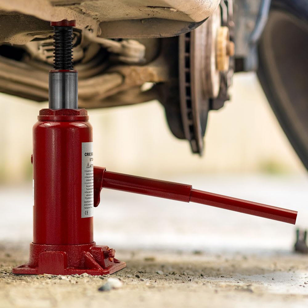Cric Hydraulique Bouteille - Cric Voiture Compact et Puissant - Outil de Levage pour Auto, Bricolage et Atelier - 2 tonnes - Rouge