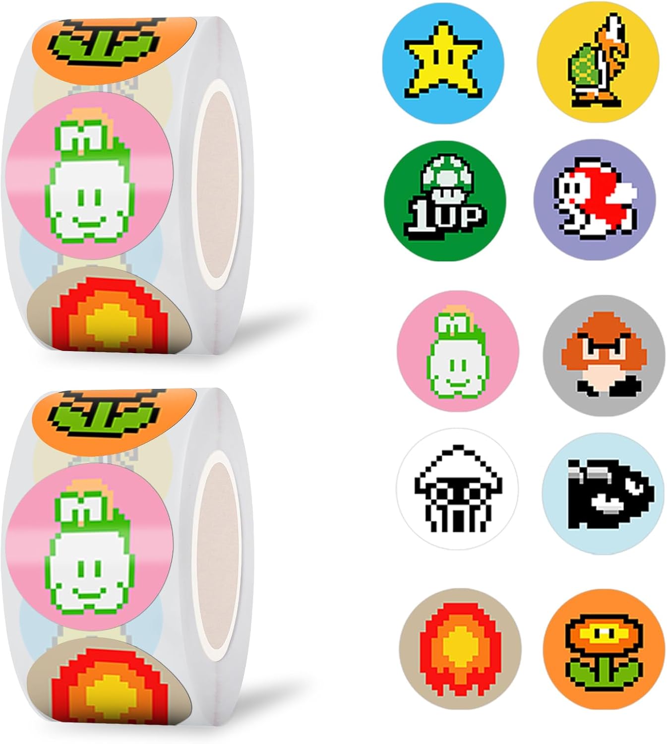 Pounchi Cartoon Pixel Game Dot Sticker Roll (1000 Pcs 1 inch) Cute Video Game Reward Stickers in 2 Rolls 10 Designs Gifts for Teacher School Supplies Laptop Water Bottle Vinyl Stickers for Teens Kids