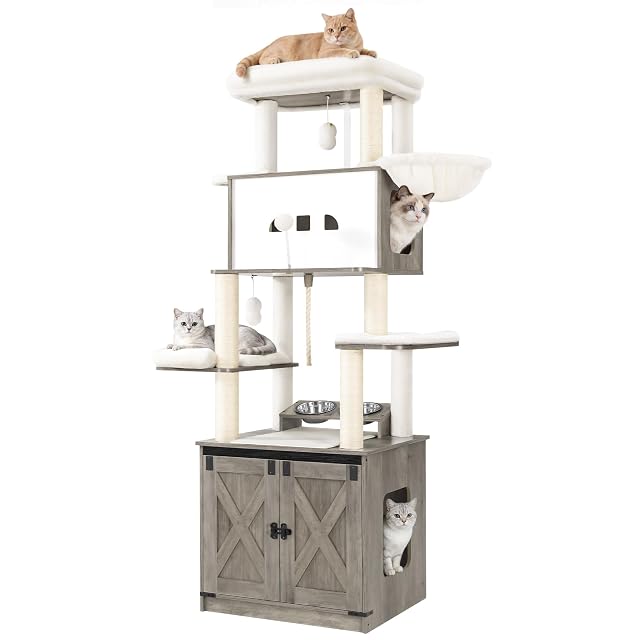 Hzuaneri 173 cm Árbol para Gatos, Casa para Gatos con Mueble para Bandeja Higiénica