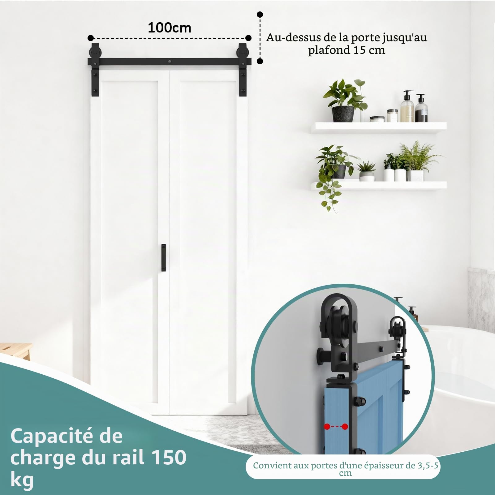 Kit complet de ferrures pour porte coulissante - 100 cm - Noir - Pour 2 portes - Peu encombrant - Rail de porte coulissante robuste