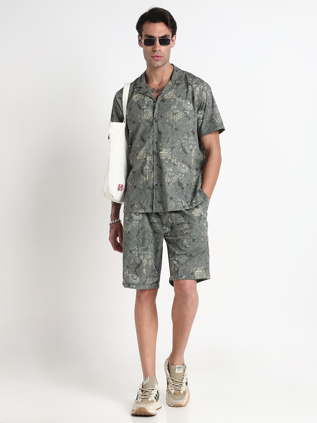 SHOWOFFFF Men Printed Two-Piece Co Ords | Cuban Collar Half Sleeves Crepe Co-Ord for Mens | Mid-Rise Relaxed Fit Knee Length Co-Ords for Men's | Green-S 4