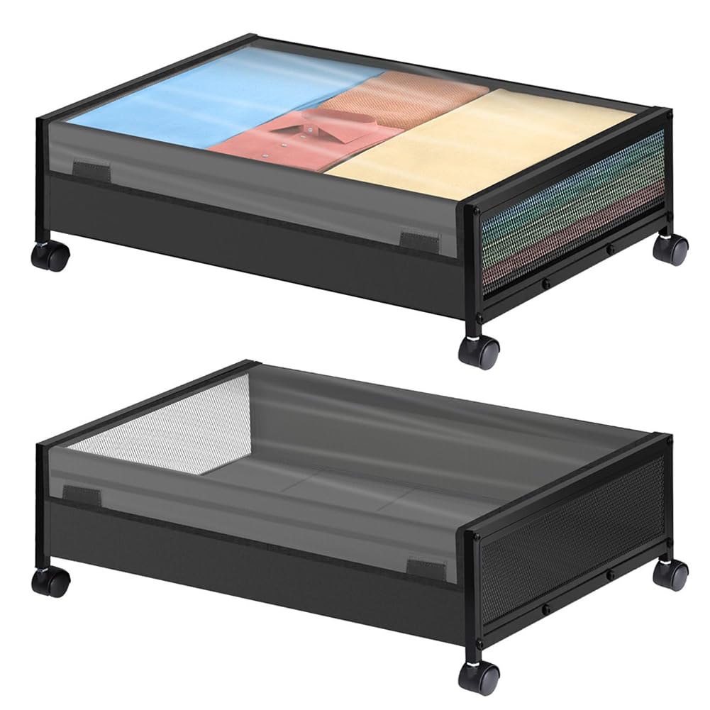 2 Pack Underbed Storage Containers with Clear Lid Under The Bed Storage Organizer Bins Rolling Under Bed Metal Drawer for Clothes Shoes Blankets