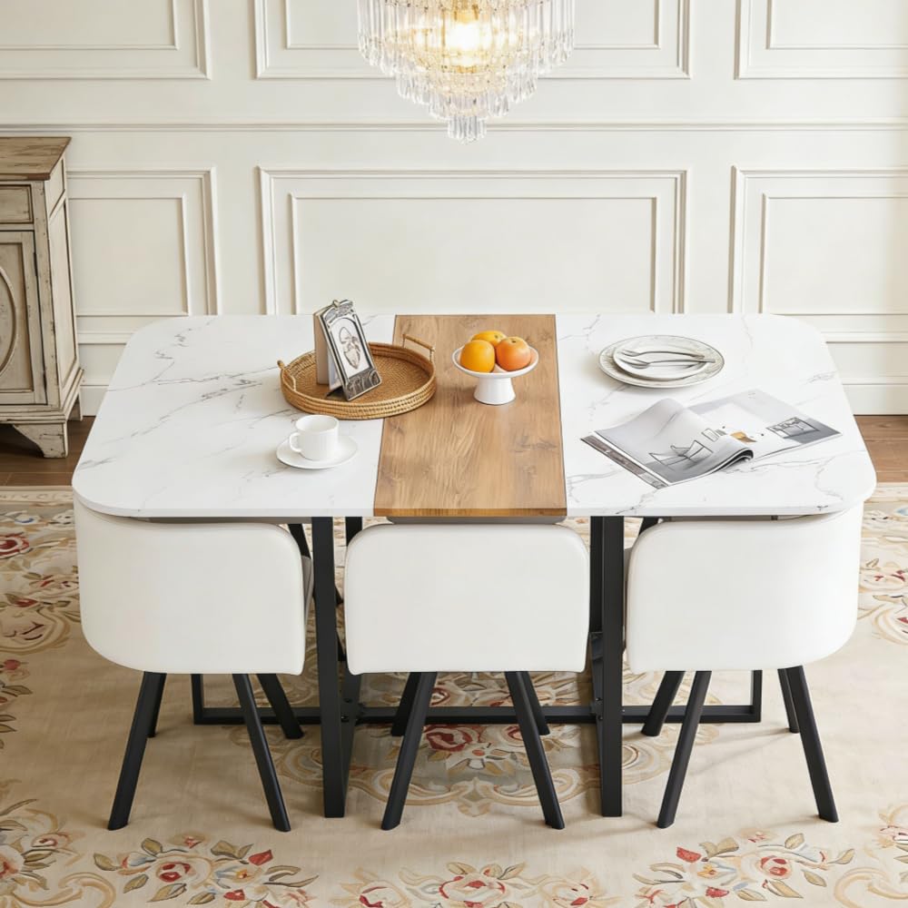 Rejeke 7-Piece Dining Room Table Set for 6,Modern Dining Table Set for 6 with Cushioned Chair, White Kitchen Table Set for Home, Apartment,Office,