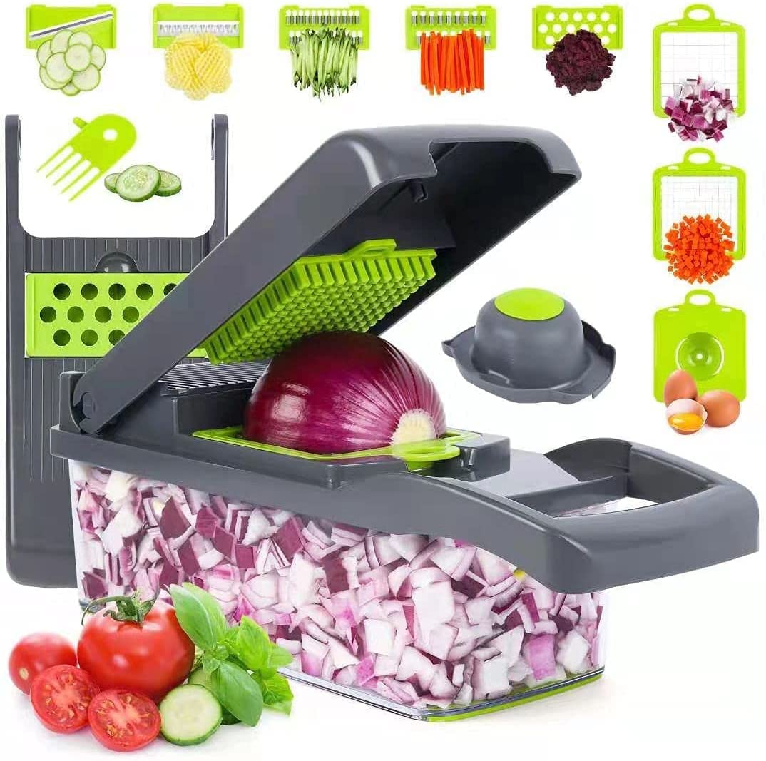 Vegetable Chopper Food Chopper Slicer Veggie Chopper Grater Multifunction with Handle Multi Blade Kitchen Food Vegetable Chopper Cutter with Container Drain Basket for Fruit Onion Potato, 14 Pieces