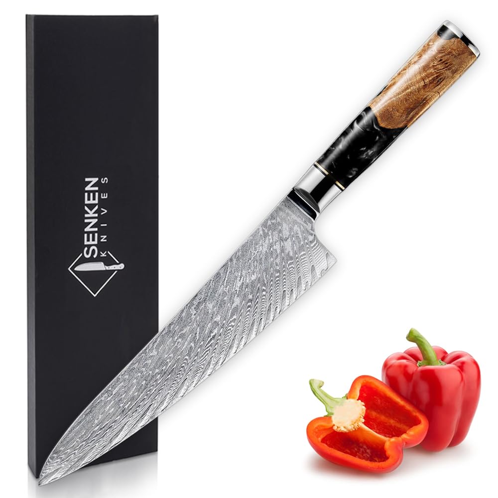 SENKEN Damascus Steel Chef's Knife - Tsunami Collection - 67-Layer Japanese VG10 Steel Core - Unique Blue Resin & Natural Wood Handle, Razor Sharp, Beautiful Damascus Wave Pattern (8" Chef's Knife) — Amazon image 9