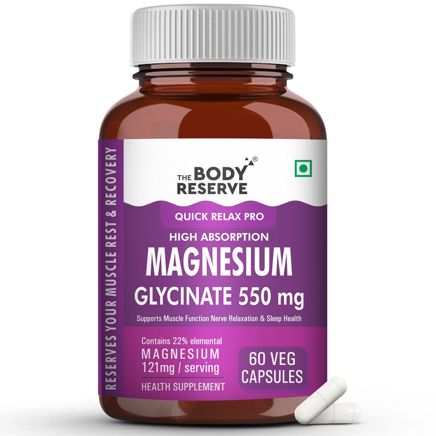 The Body Reserve Magnesium Glycinate Supplement - 60 Vegetable Capsules, 550mg Per Serving, High Absorption Chelated Form - Supports Muscle & Nerve Health, Relaxation for Men & Women