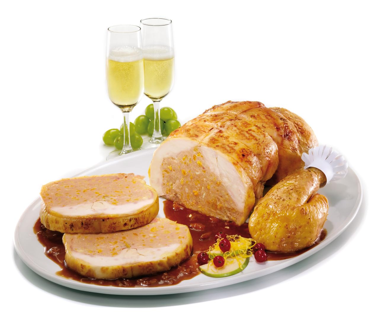 CASCAJARES - Capón Relleno de Foie, Orejones de Albaricoque y Piñones, 2,5 Kilos con 1 Litro de Salsa de Albaricoque, para 10-12 Personas, sin Gluten ni Lactosa