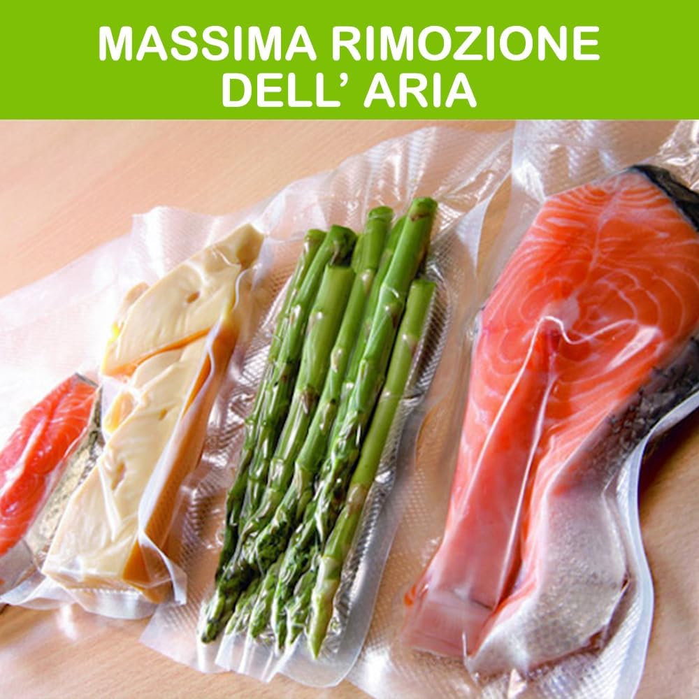 GM 100 Sacchetti Sottovuoto Goffrati per Alimenti, Misura 12x25 cm per Tutte le Macchine Sottovuoto, Buste Sottovuoto per Conservazione Alimenti e Cottura, Senza BPA