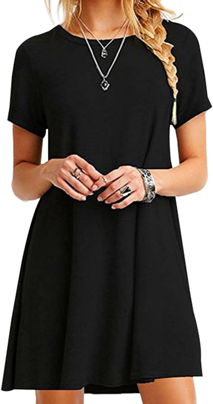 EFOFEI Womens Casual Swing Round Neck Short Sleeve Dress Loose Summer Tunic T Shirt Dress Plus Size