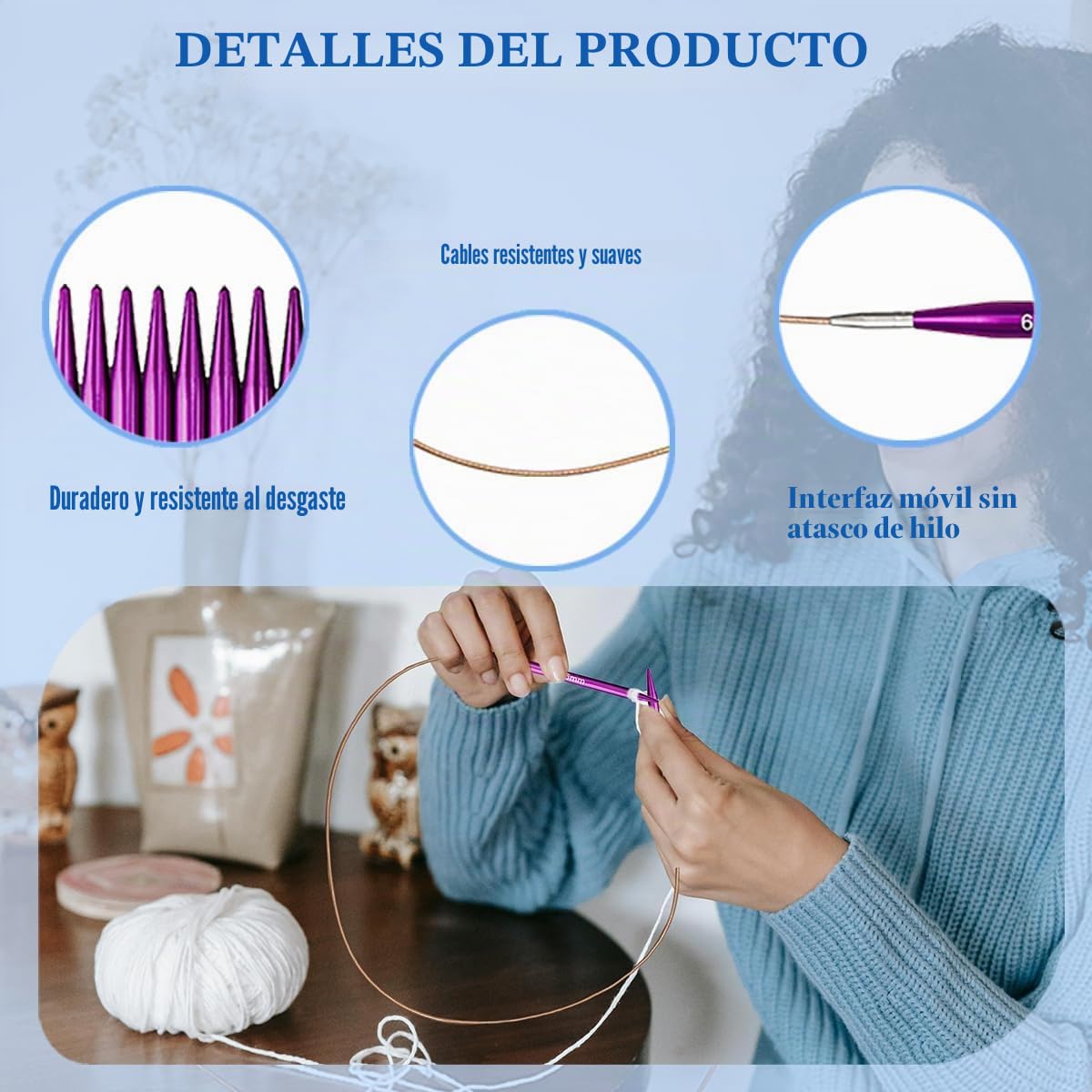 Knitiss Set de agujas circulares intercambiables de tejer, 9 pares de agujas cortas de 5 cm desde 3,0~6,0 mm, agujas intercambiables con 4 cables