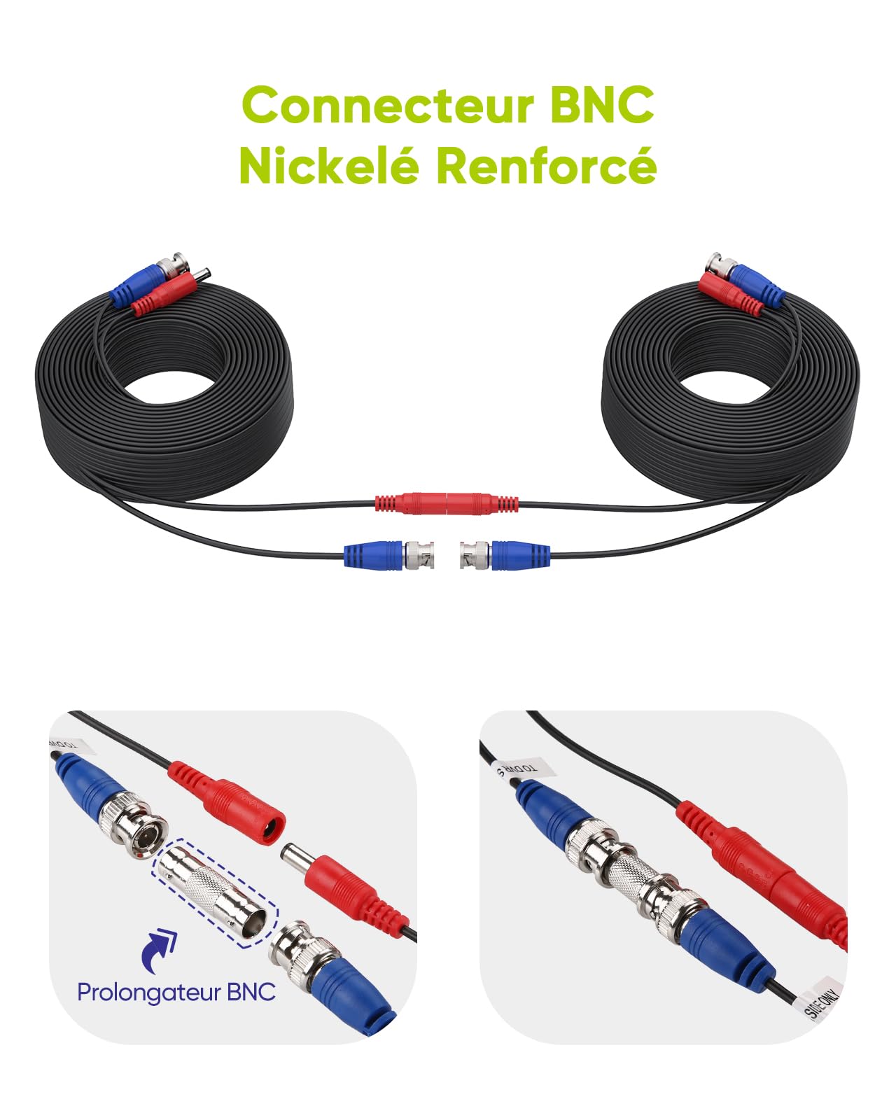 SANNCE 30m Câble de Video DC Power Connecteur BNC Vidéo 4pcs pour CCTV Caméra DVR, Noir