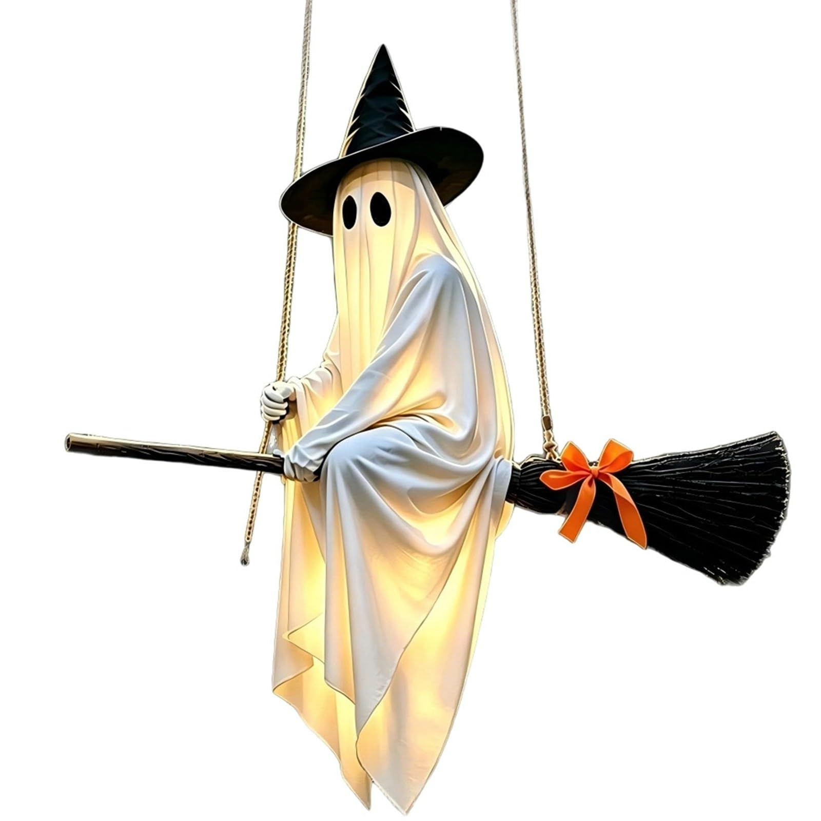 Fantôme suspendu en tissu et bois avec éclairage LED Halloween blanc 100 cm