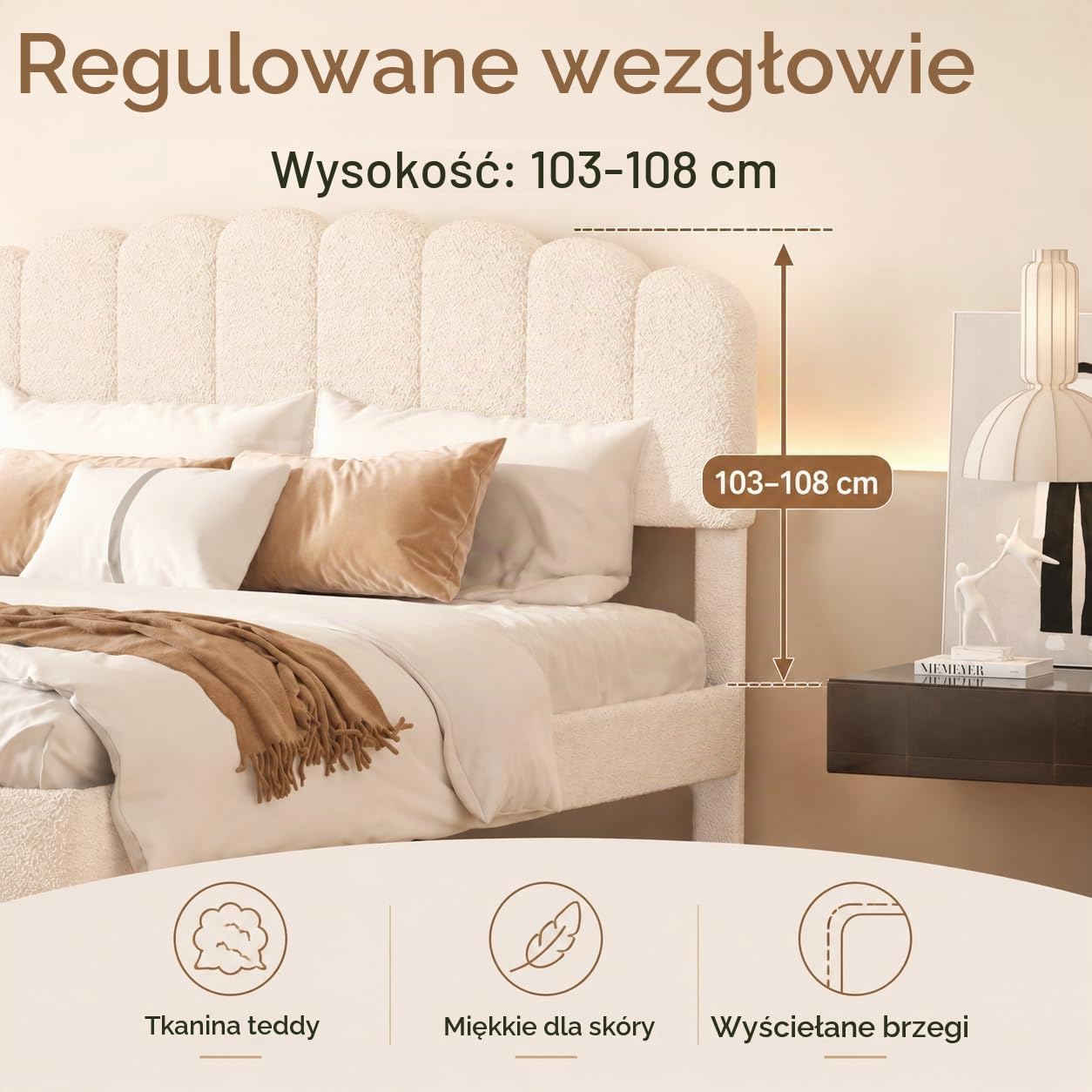 Łóżko tapicerowane 140 x 200 cm, z szufladą do przechowywania, podwójną ramą łóżka i gniazdem USB, zagłówek z regulacją wysokości, łóżko dziewczęce, łóżko księżniczki, aksamitne Teddy, beżowe (140 x