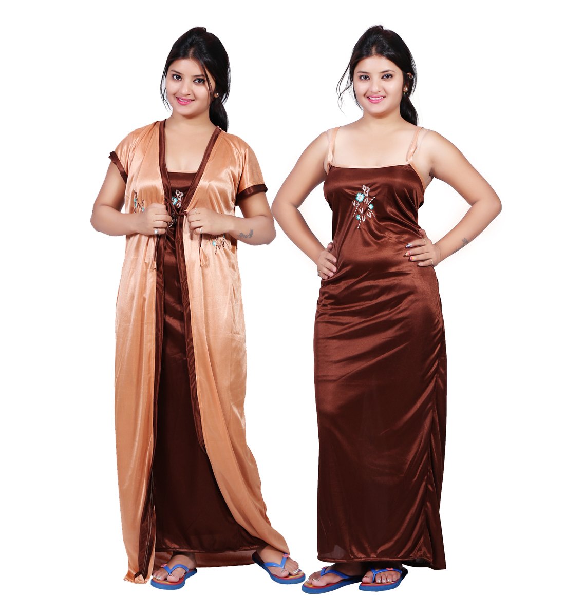 Women's Satin Solid Maxi Nightgown (539_Cream And Brown_Free Size)
