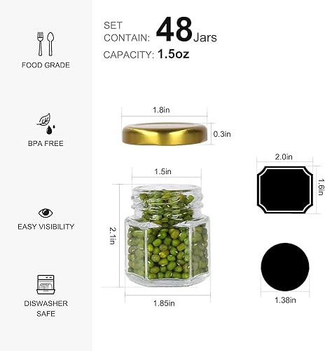 Miniatura 2 de BIGIVACA Tarros hexagonales de vidrio de 3 onzas con tapas doradas. Juego de 30 tarros de 3.0 fl oz para mermelada de especias, gelatina, recuerdos