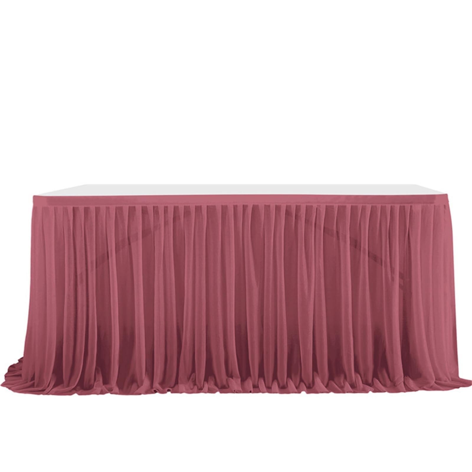WWQQKJ Tulle Table Skirt, Romantic Fluffy Tulle Desk Gauze for Cakes, Birthdays, Baptisms, Wedding Tables, Christmas Decoration(Rosso Porpora,9FT/275x77cm)