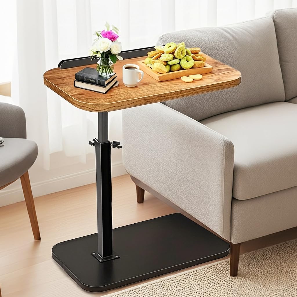 Mesa Auxiliar en Forma de C, Mesa Auxiliar giratoria de 360° en Altura Ajustable para Espacios pequeños, con Ranura para teléfono y Tableta de Noche para Cama y Sofá (Marrón rústico)