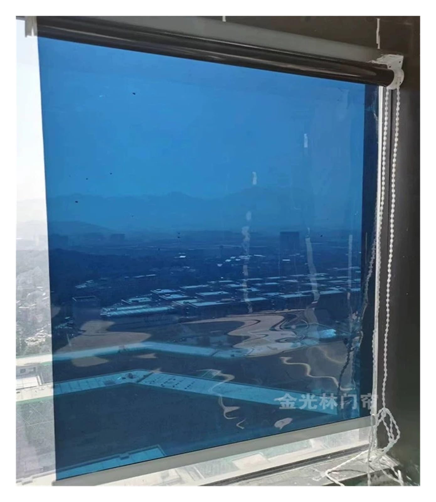 Cortina transparente unidireccional azul de 55x130cm con accesorios incluidos