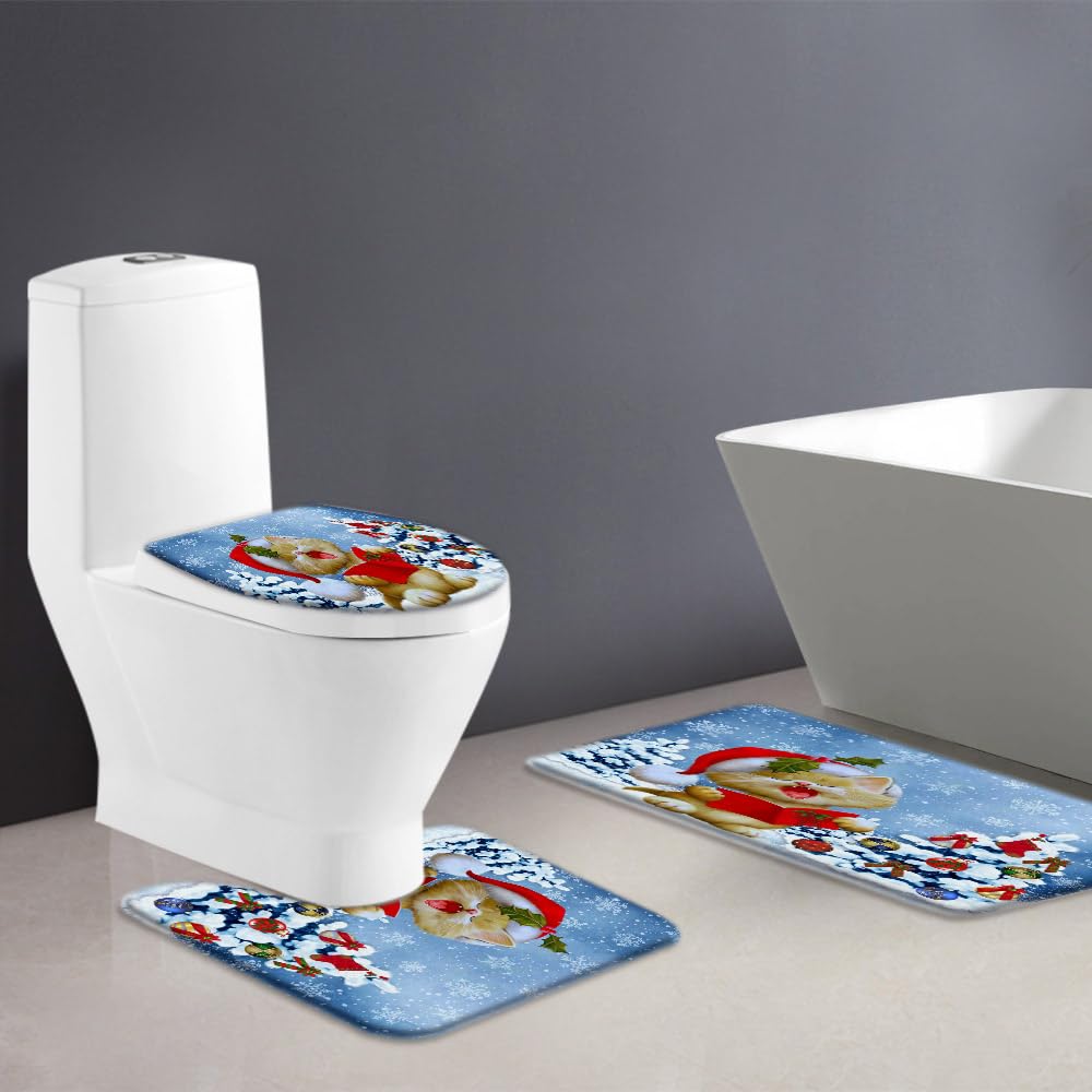 AMHNF 3 Piece Unisex Christmas Cat Bath Mat Set, Rectangular 17.8x29.5 Inch, Multicolor, Modern/Contemporary Style, Machine Washable, Christmas & Winter Holiday Theme