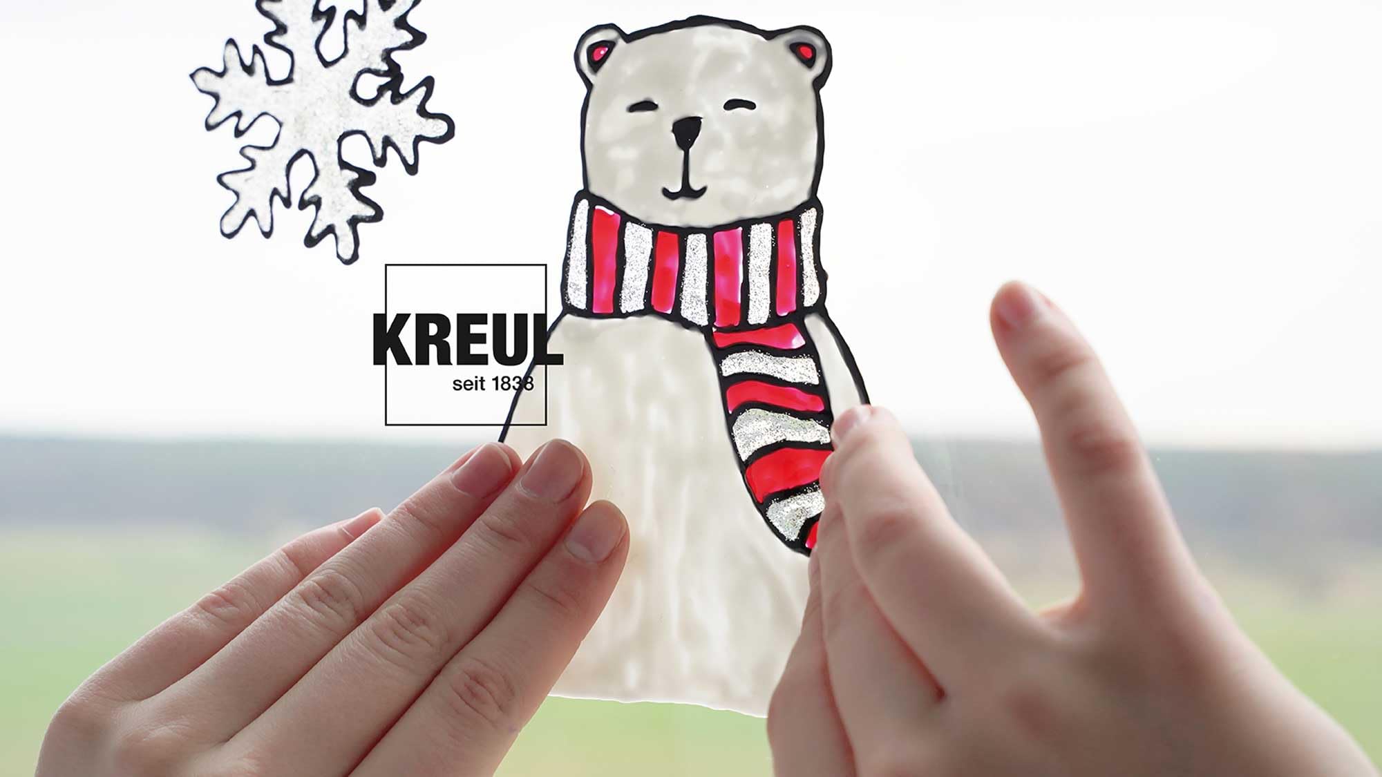 KREUL 42853, Window Color Set Hello Winter, 6 x 80 ml colori per finestre, include contorno nero, set completo con colori brillanti, glitter e modelli