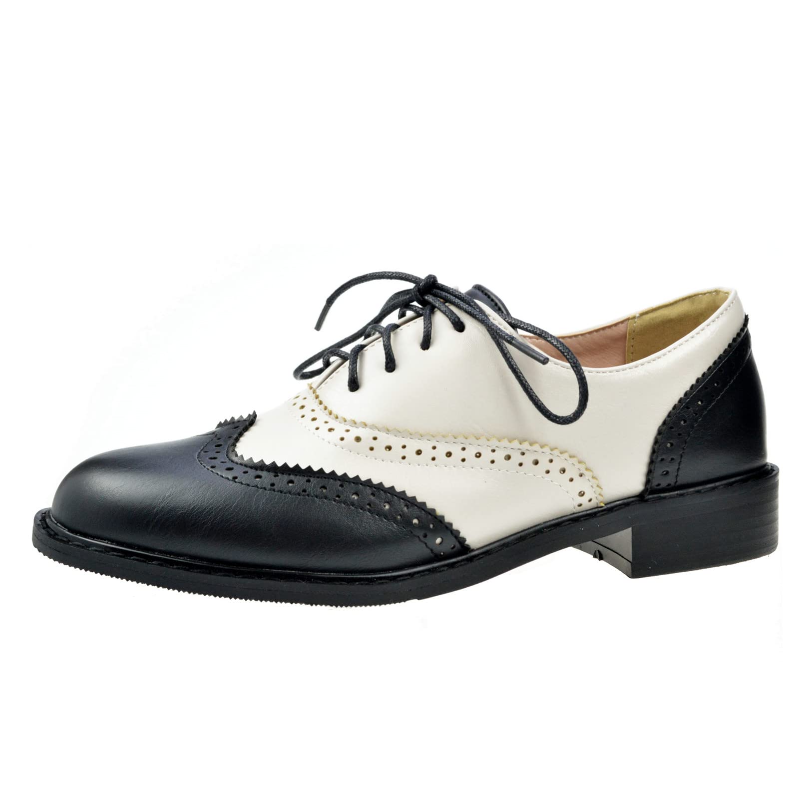 Womens Oxfords Black And White Wingtip Chunky Heeled Patent
