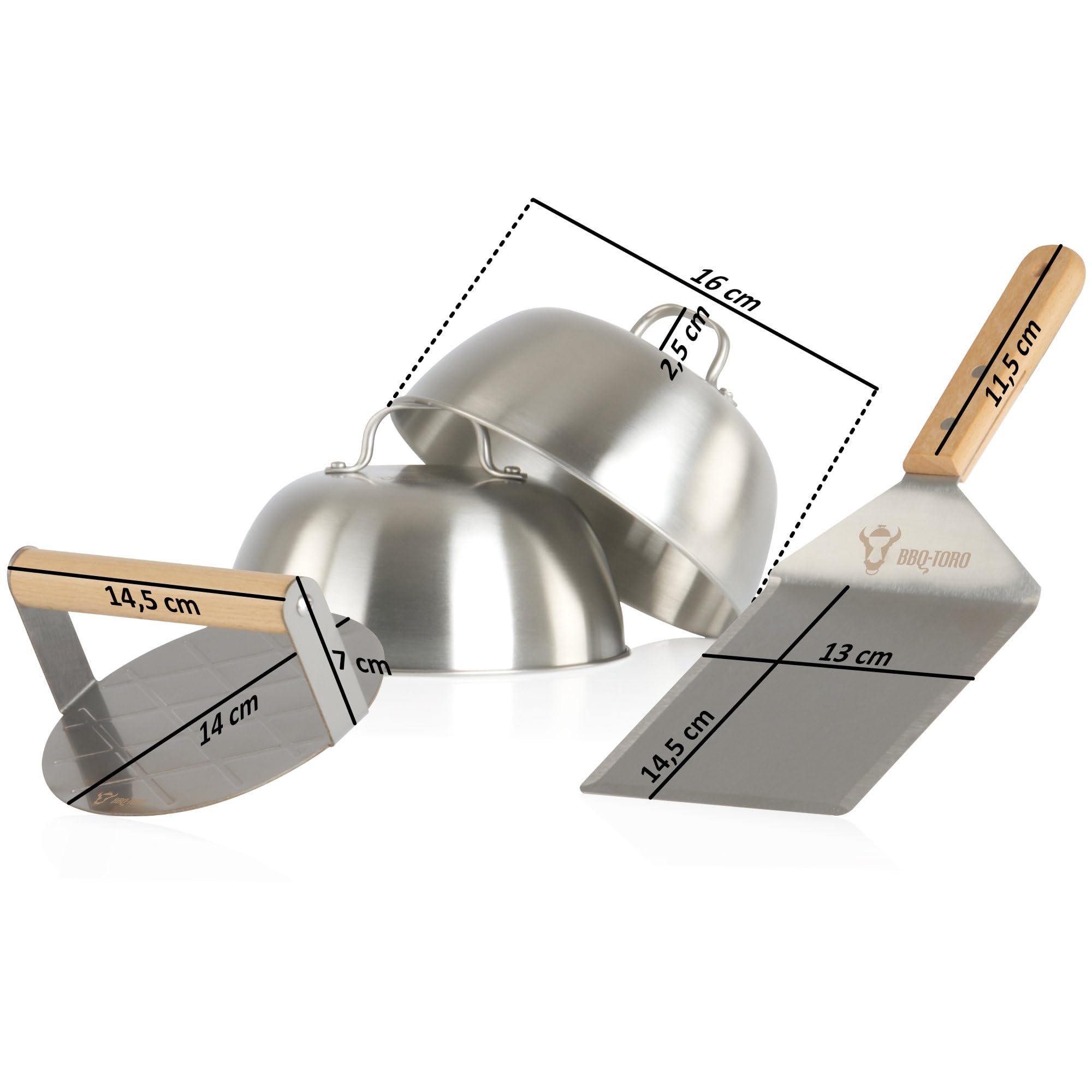 BBQ-Toro Roestvrij stalen Smash Burgerset, 4-delig, set met hamburgerbellen, Smasher, spatel | Burger Smasher Set, Burger Grill Set | RVS Burgersmasher, Smashburger Set