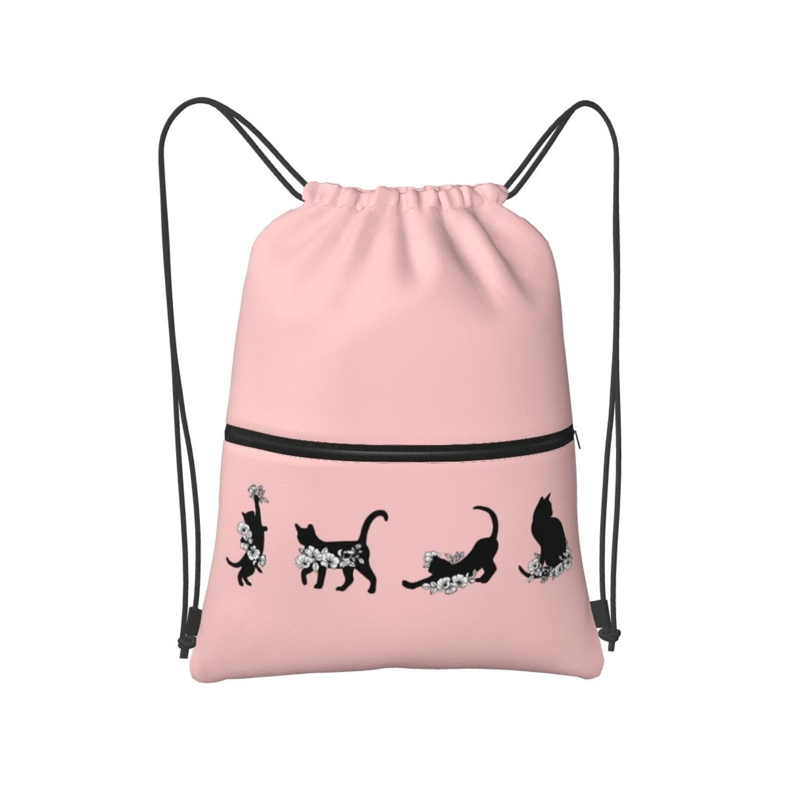 Smazdfxx Unisex As Pic Floral Black Cat Drawstring Backpack Sports Bag Gym Sackpack Draw String Back Bag With Zipper For Men Women