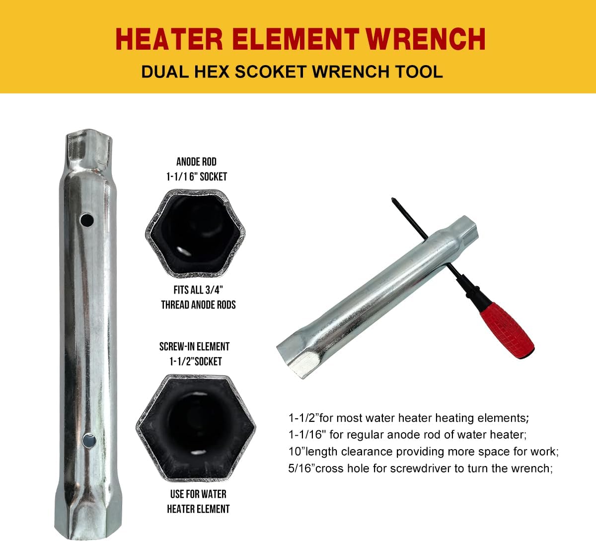 EWH-05 Electric Water Heater Element Kit,Include TWO 4500W/240V Water Heater Elements,Lower Thermostat & Upper Thermostat,Quick Change Tool,Two Protective Covers and Wrench Replacing Tools