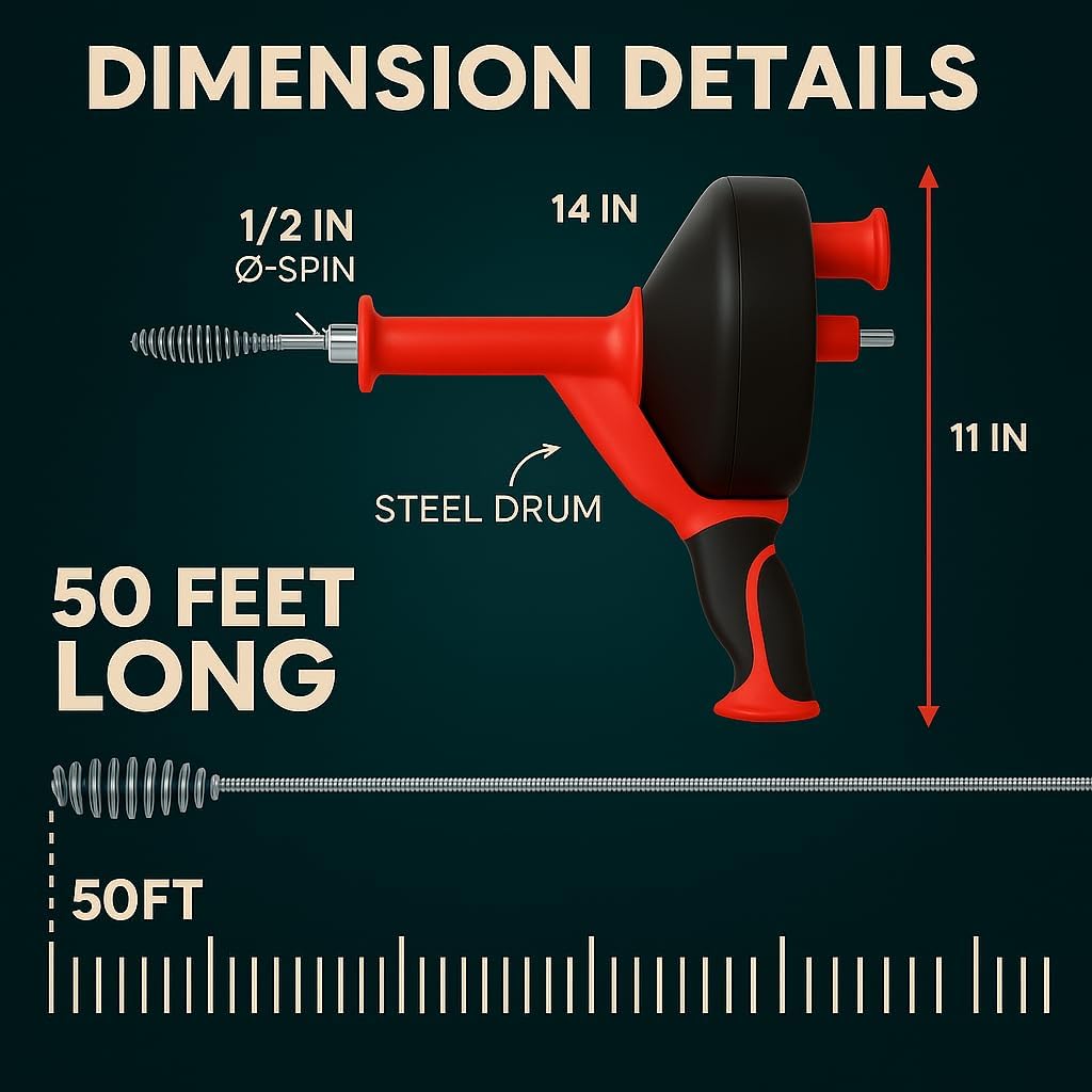 50 FT Drain Snake Hair Drain Clog Remover, Manual Or Powered, Plumbing Snake With Drill Adapte,Unclog Sink Drain Tool, Drain Auger for Toilet、Shower、Kitchen、Sink, No Auto Retract Or Feed, Red