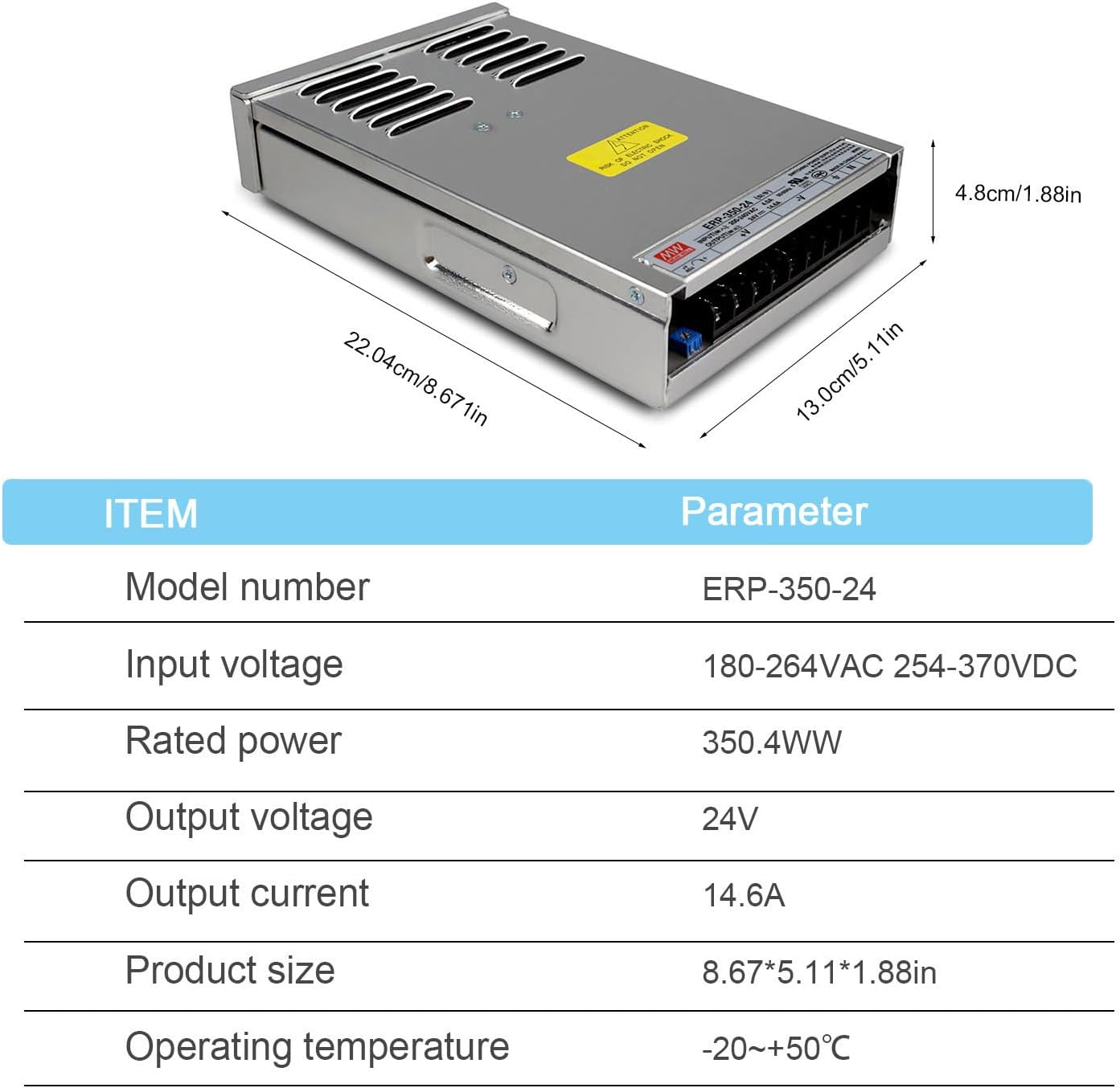 ERP-350-24 350.4W 24V 14.6A Enclosed Power Supply - IP64 Rated, 180-264VAC Input - Short Circuit/Overload/Over Voltage Protection - Perfect for Outdoor LED Signs and Billboards